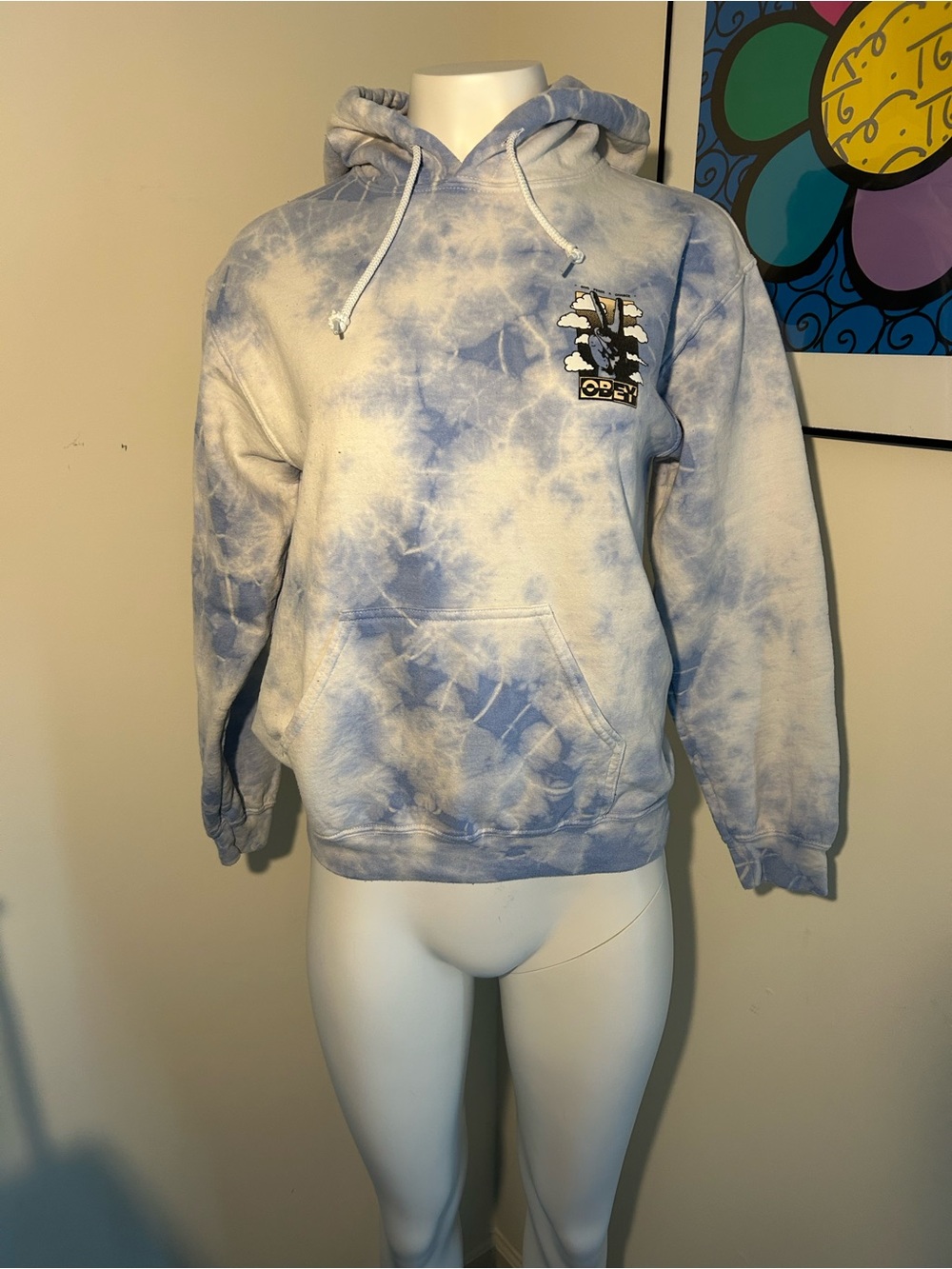 Obey Light Blue & White Give Peace a Chance Tie-Dye Pullover Hoodie Size S